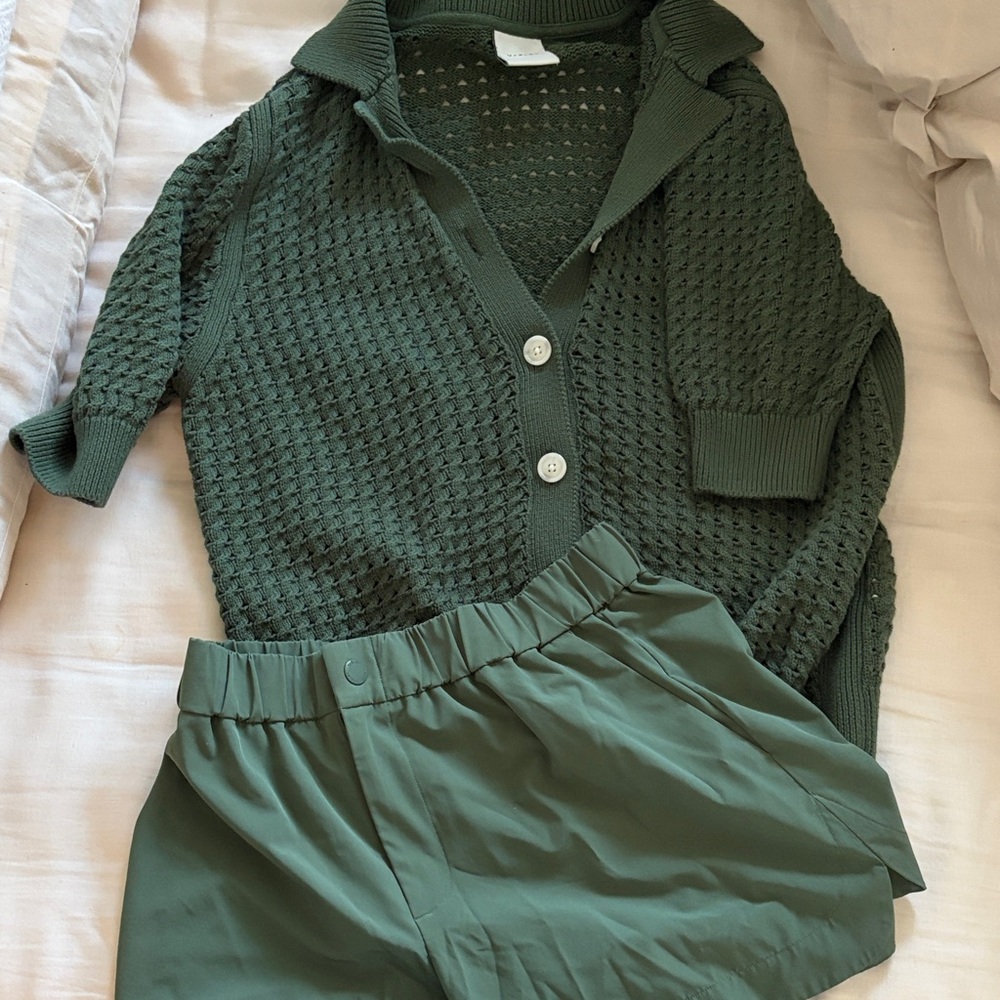 Varley Olive Green Knit Polo Cardigan and shorts